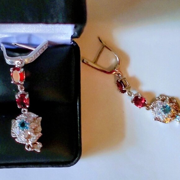 Fine Gemstone Ruby, Turquois & White Sapphire Sterling Silver Dangel Earrings - Picture 1 of 6